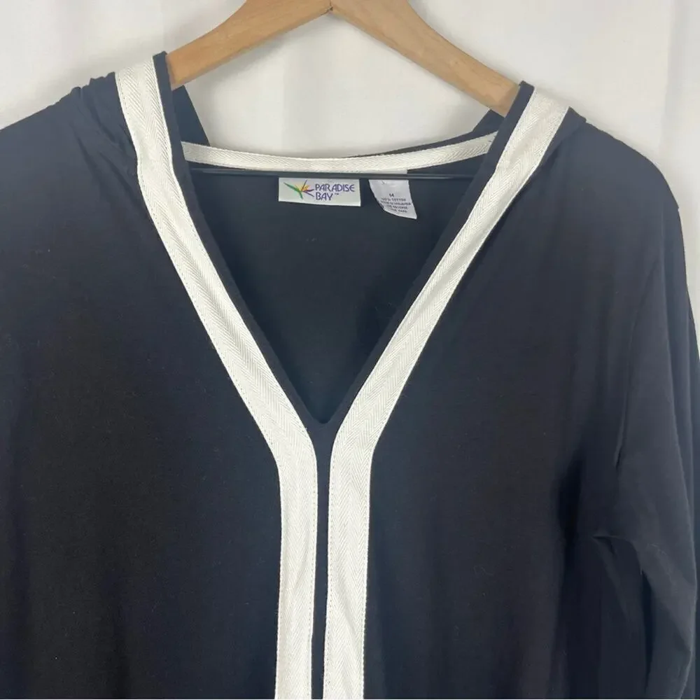 PARADISE BAY Nautical Blue White Trimmed Split Hem 3/4 Sleeve Tunic Coverup Sz M - Picture 3 of 6